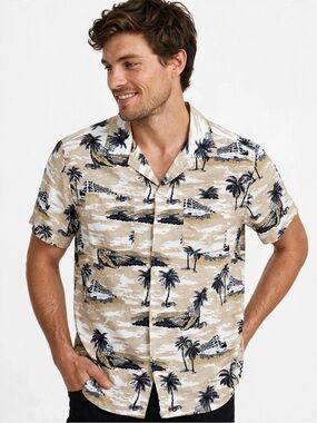Life After Denim L Hawaiian Palm Tree Scenic Print Button Down Shirt Resort